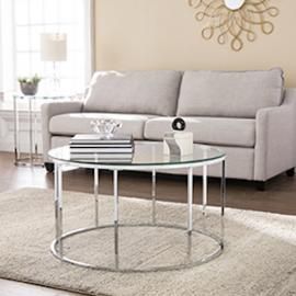 CK4670 Cranstyn By Southern Enterprises Round Cocktail Table w/ Glass Top - Glam Style