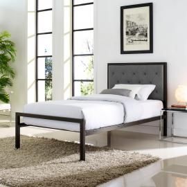 Mia 5178 Brown Metal Twin Bed Frame with Gray Tufted Headboard
