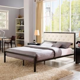 Mia 5180 Brown Metal Full Bed Frame with Beige Tufted Headboard