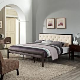Mia 5184 Brown Metal King Bed Frame with Beige Tufted Headboard