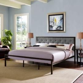Mia 5184 Brown Metal King Bed Frame with Gray Tufted Headboard