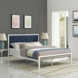 Lottie 5447 King Platform White Metal Bed Frame with Navy Blue Fabric Headboard