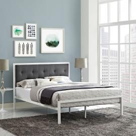 Lottie 5447 King Platform White Metal Bed Frame with Gray Fabric Headboard