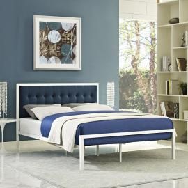 Millie 5456 White King Metal Platform Bed with Navy Blue Fabric Headboard
