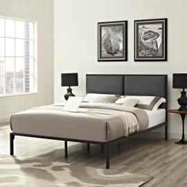 Della 5463 King Brown Metal Platform Bed Frame with Gray Fabric Panel Headboard