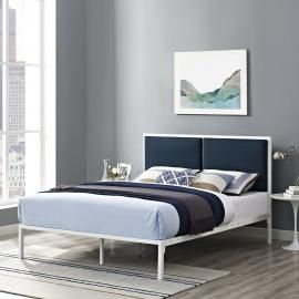 Della 5463 King White Metal Platform Bed Frame with Navy Blue Fabric Panel Headboard